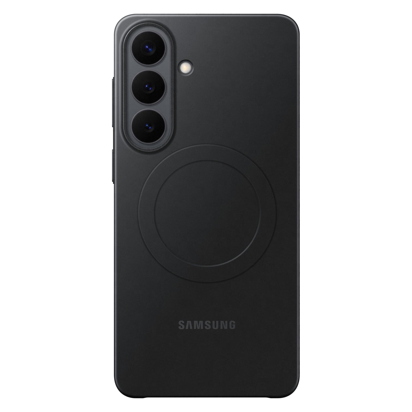 Samsung Galaxy S26+ Slim Magnet Etui sort set bagfra med tre lodrette kameraer, blitz, Samsung-logo og cirkel til opladning.