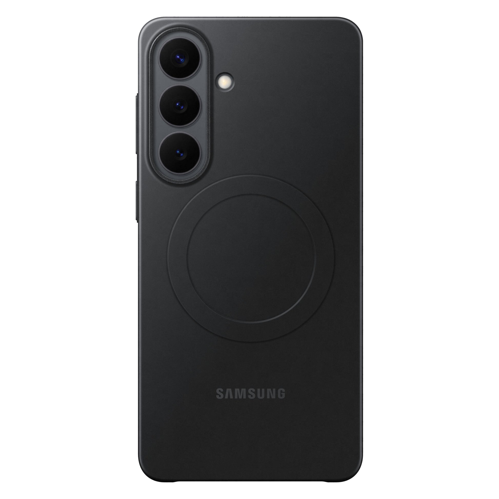 Samsung Galaxy S26+ Slim Magnet Etui sort set bagfra med tre lodrette kameraer, blitz, Samsung-logo og cirkel til opladning.