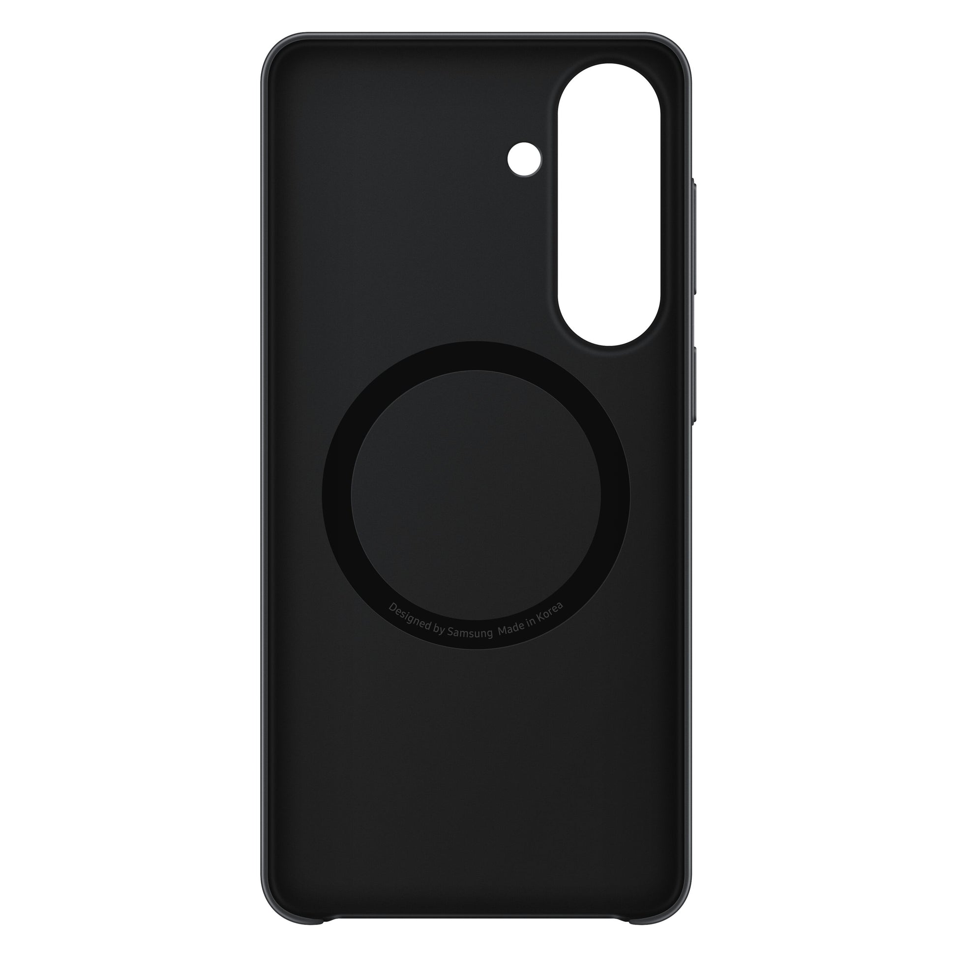 Samsung Galaxy S26+ Slim Magnet Etui sort, stor center cirkel, til øverste udskæringer, "Designed by Samsung Made in Korea.