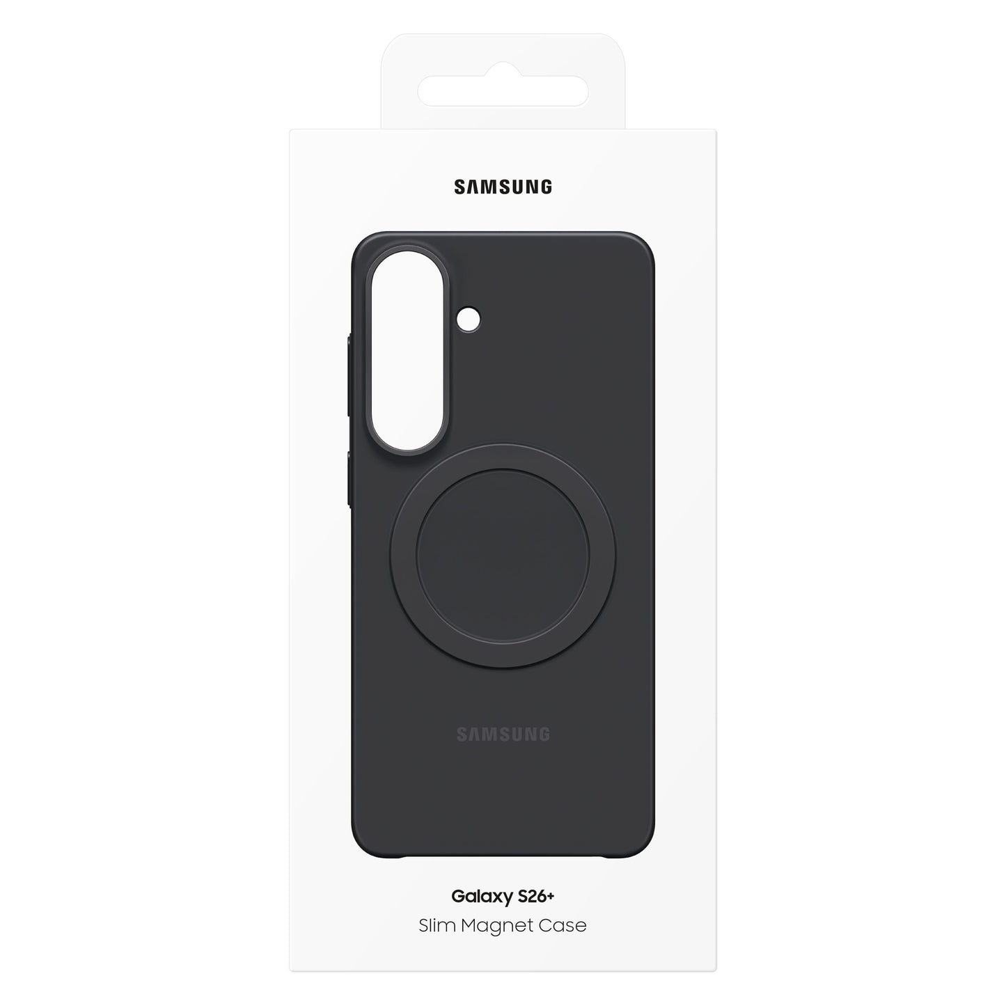 Samsung Galaxy S26+ Slim Magnet ogui sort med stor cirkulær magnet til trådløs opladning og præcise udskæringer.