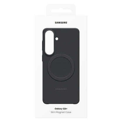Samsung Galaxy S26+ Slim Magnet ogui sort med stor cirkulær magnet til trådløs opladning og præcise udskæringer.
