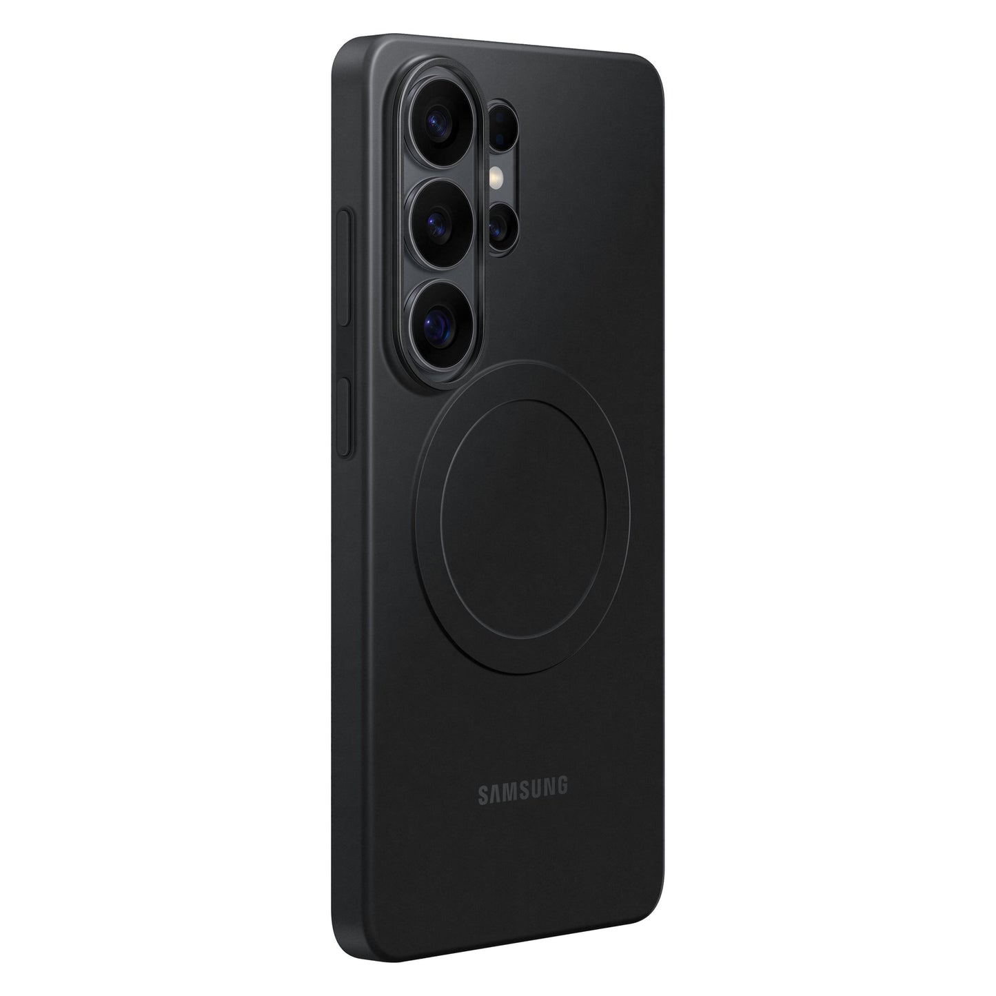 Samsung Galaxy S26 Ultra sort med tre bagkameraer og cirkulær magnetring, opretstående vinkel.