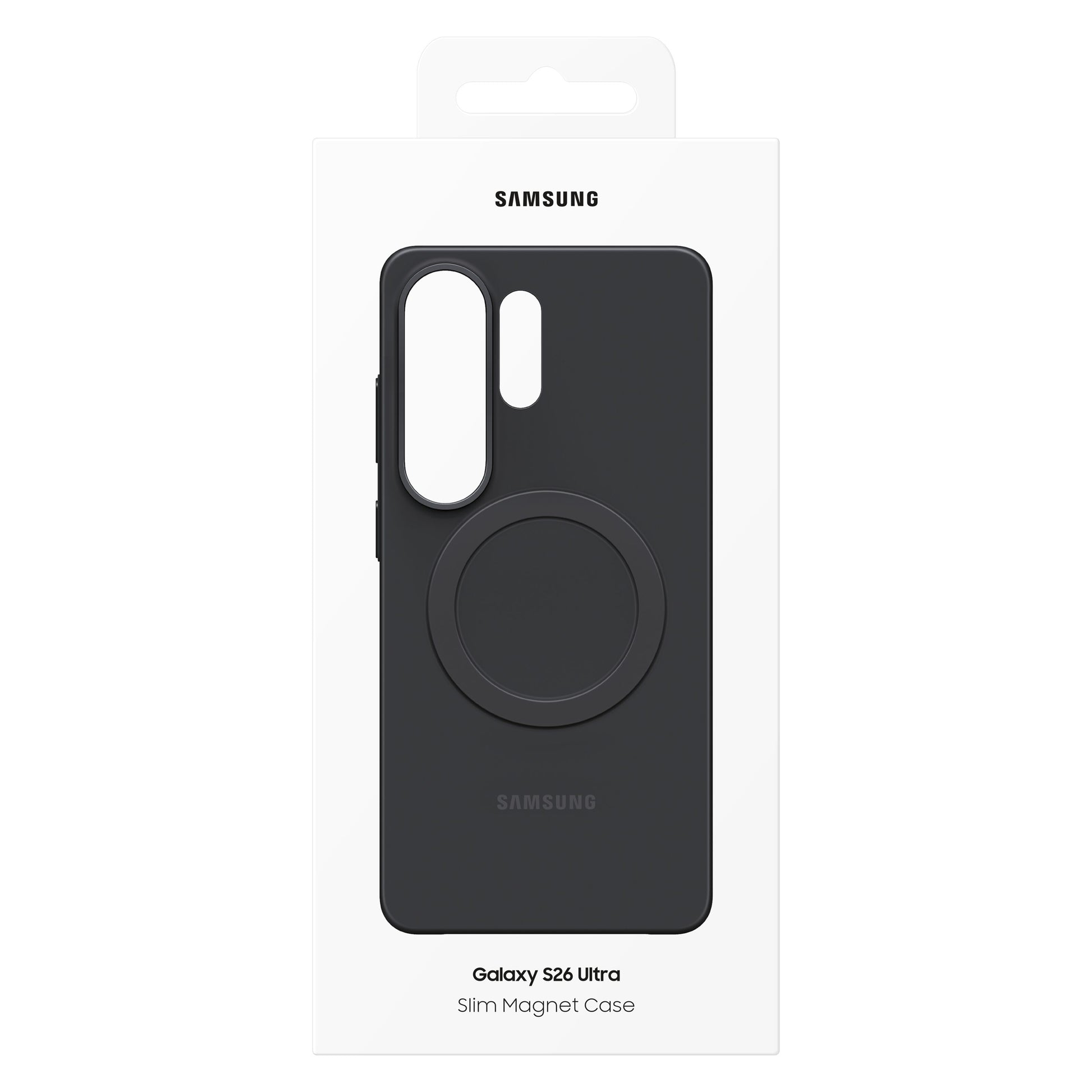 Samsung Slim Magnet Etui Galaxy S26 Ultra Sort i emballage med stort magnetfelt, udskæringer til kamera og knapper.