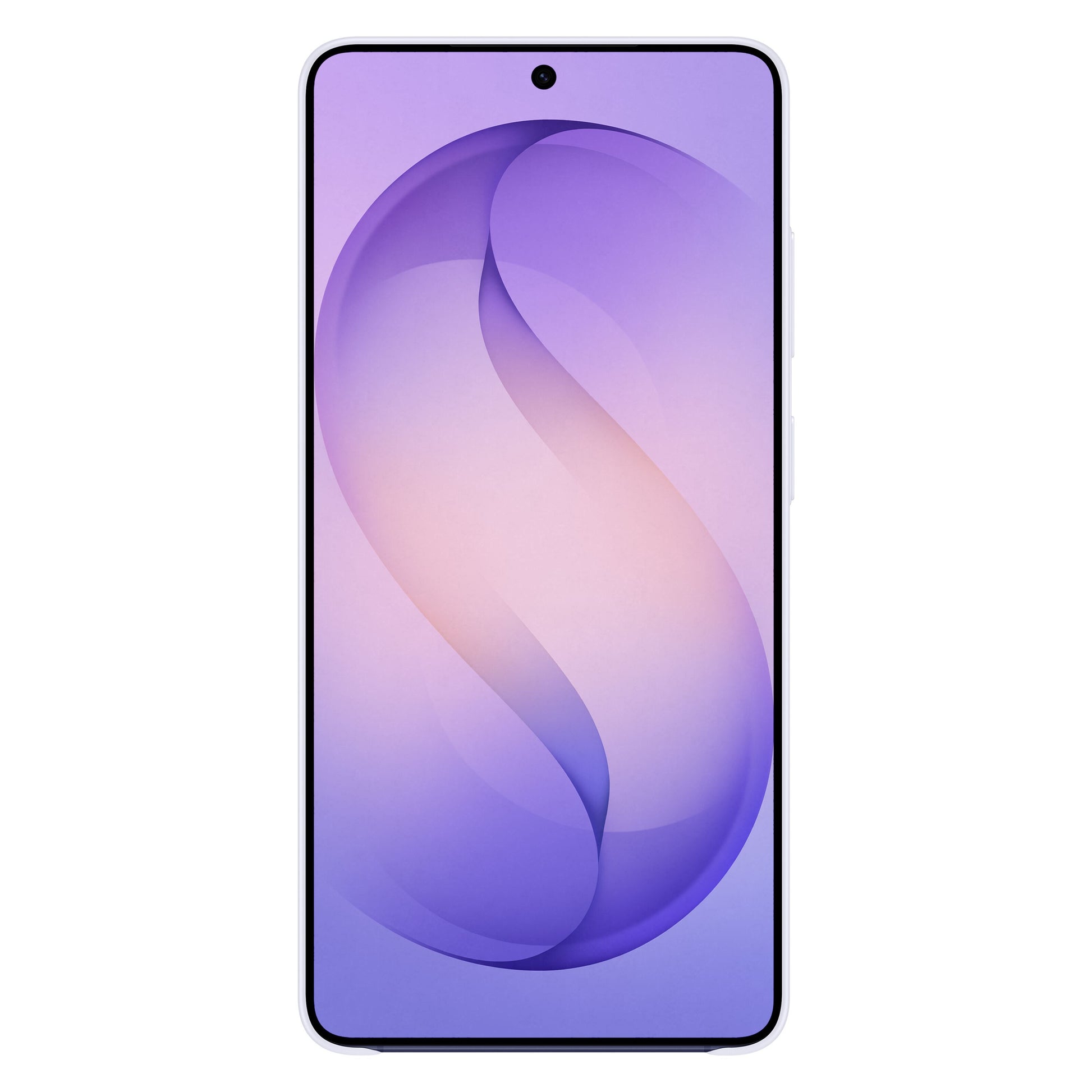 Samsung Galaxy S26 Ultra, hvid ramme, centreret frontkamera, violet/fersken swirl skærm, trådløs opladning, kompatibel Slim Magnet Etui Violet.