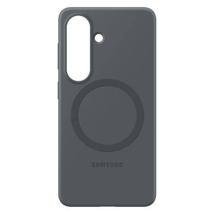 Samsung Galaxy S26 silikone magnet etui sort, cirkulær detalje bagpå, MagSafe-kompatibel, udskæring til kamera og flash.