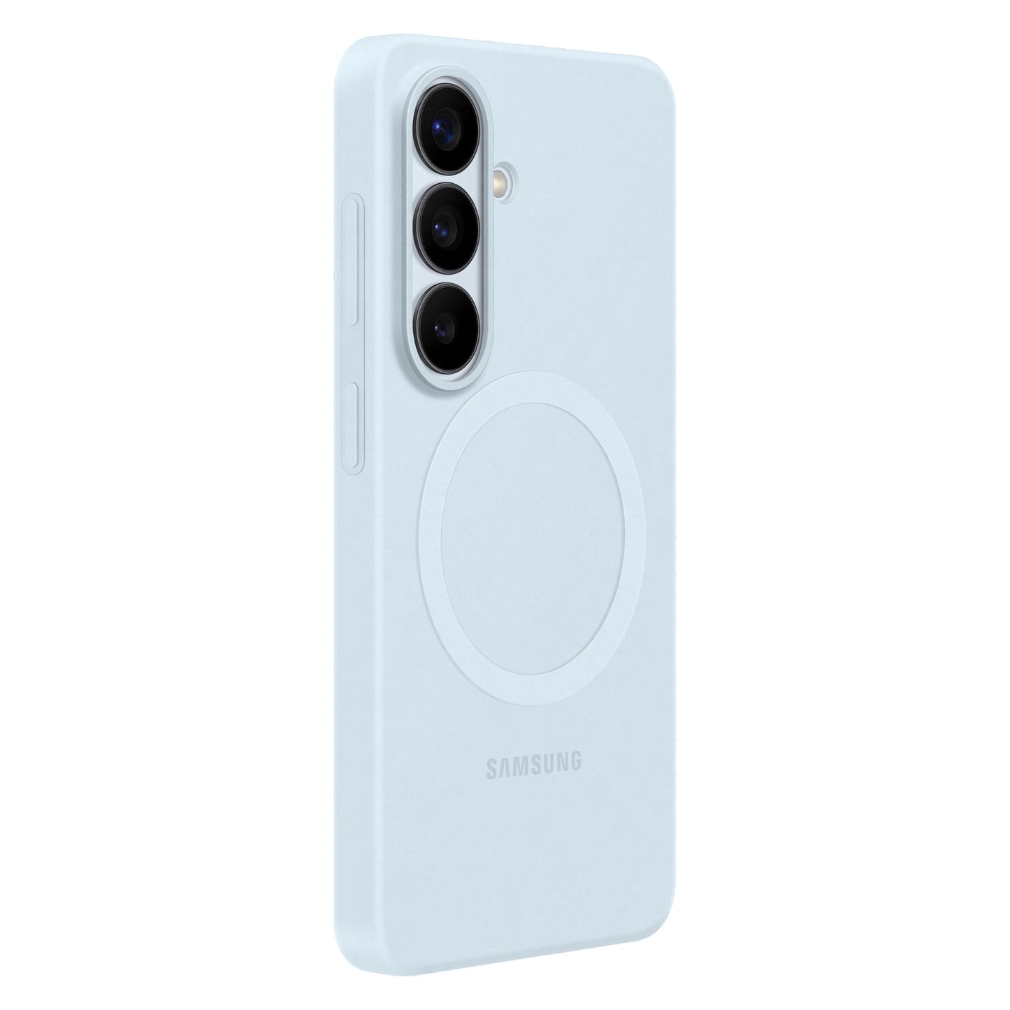 Samsung Galaxy S26 silikone magnet etui himmelblå med tre vertikale kameraudskæringer og cirkulært mønster på bagsiden.
