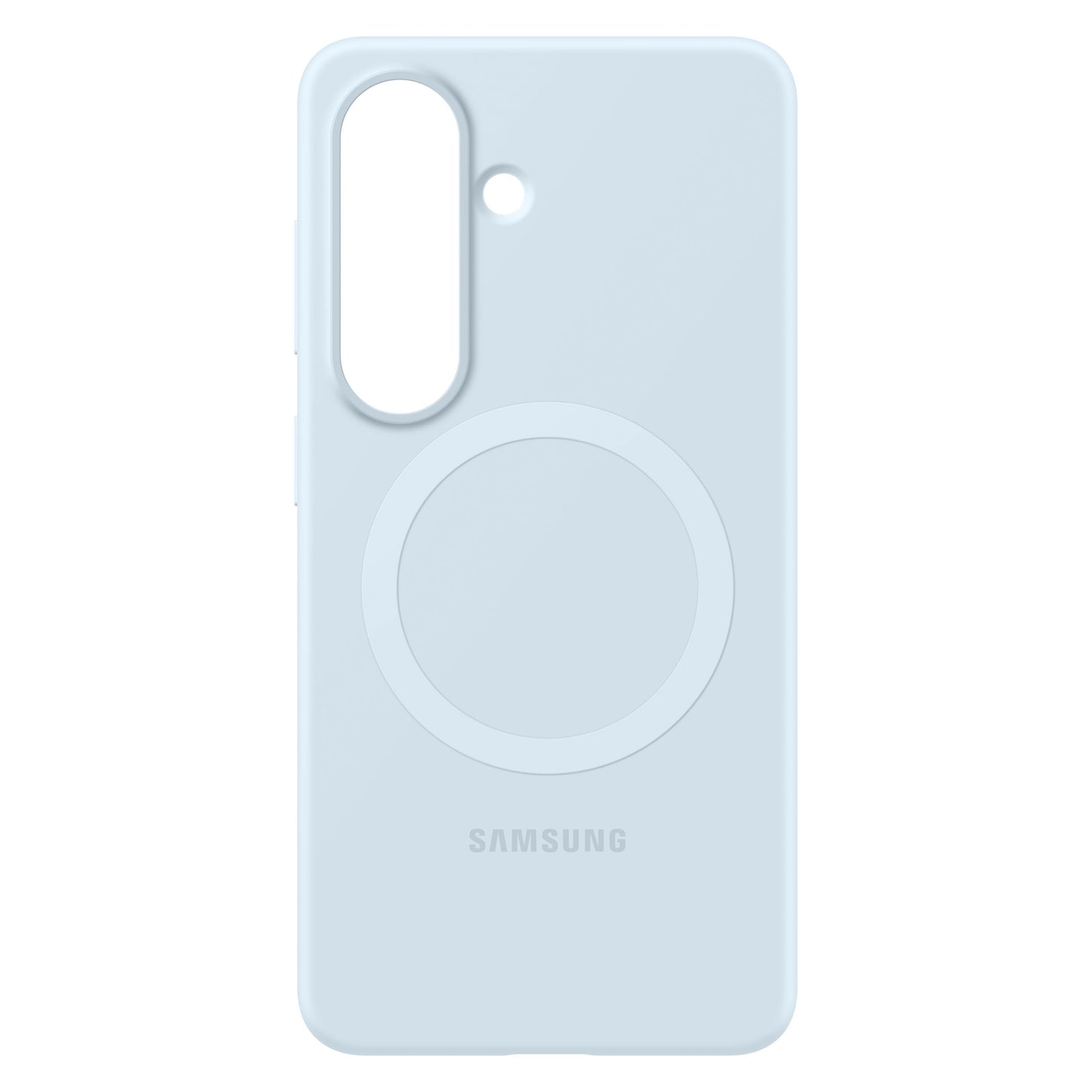 Samsung Galaxy S26 silikone magnet etui himmelblå med magnetisk ring og præcis kameraudskæring på bagsiden.