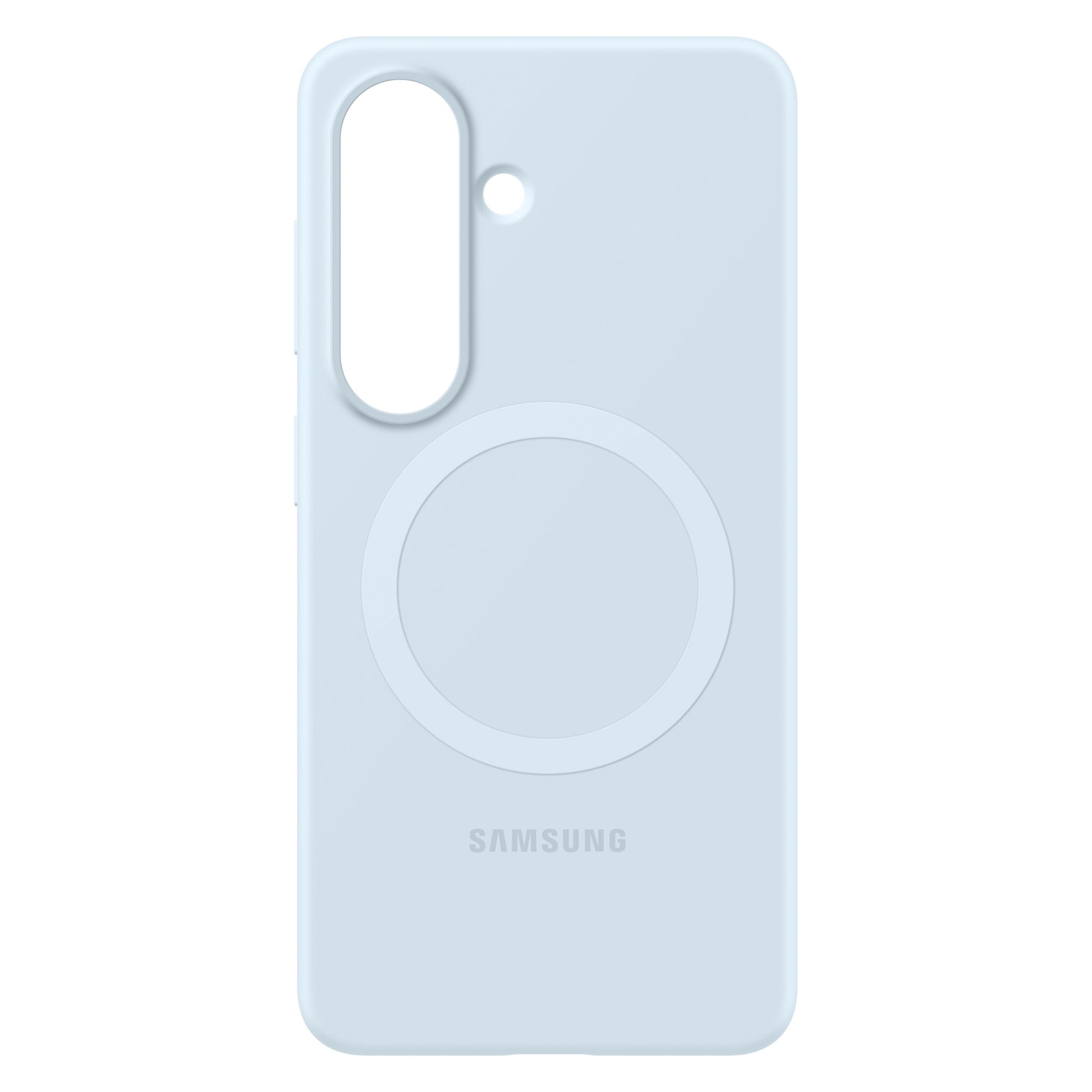 Samsung Galaxy S26 silikone magnet etui himmelblå med magnetisk ring og præcis kameraudskæring på bagsiden.