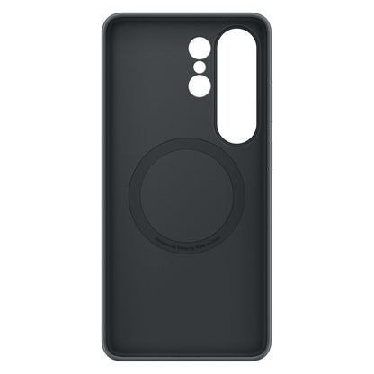 Samsung Silikone Magnet Cover Galaxy S26 Ultra sort, tre kameraudskæringer, MagSafe-lignende ring, tekst i ringen.