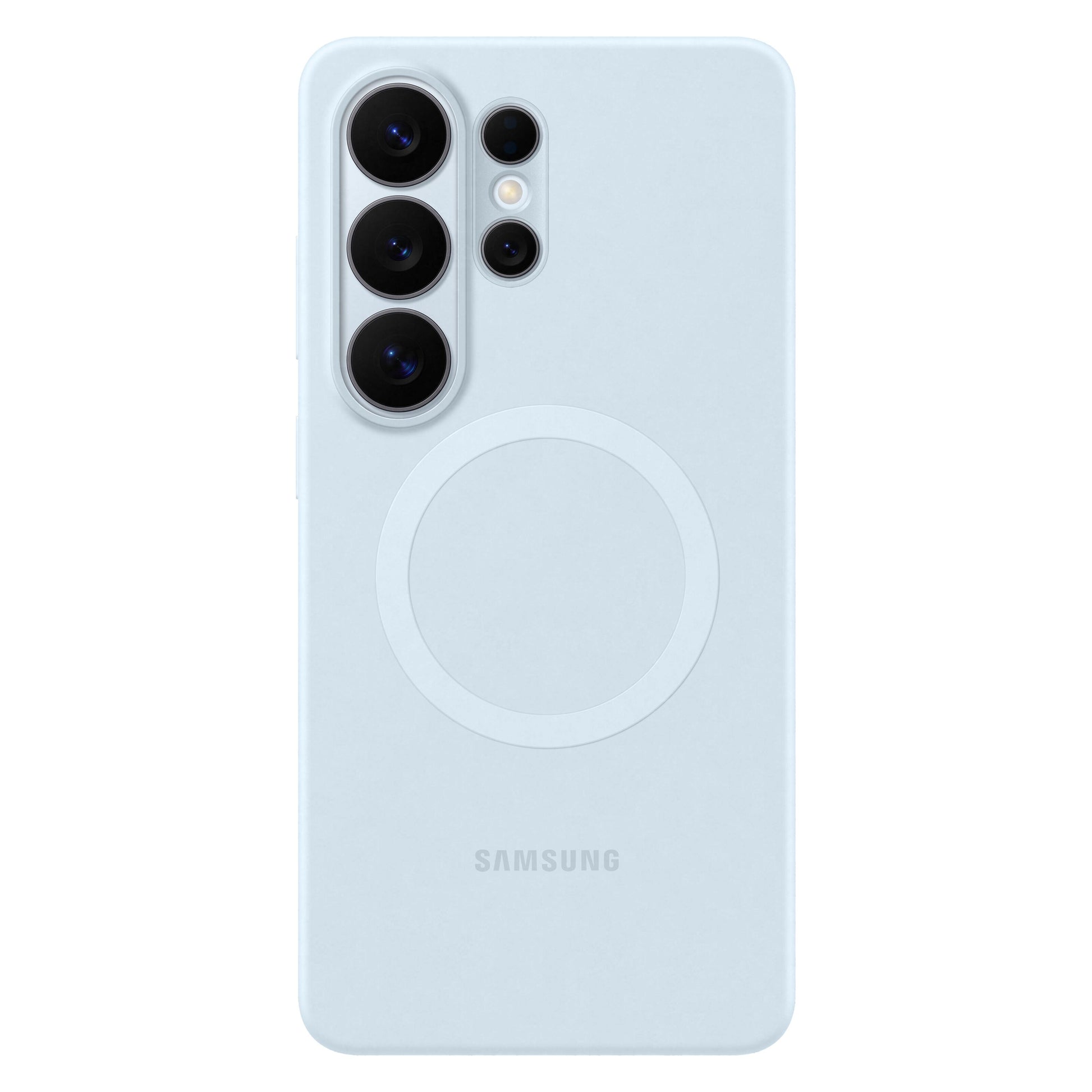 Samsung Galaxy S26 Ultra himmelblå silikone magnet etui, fire vertikale kameraer, cirkulært mønster til trådløs opladning.