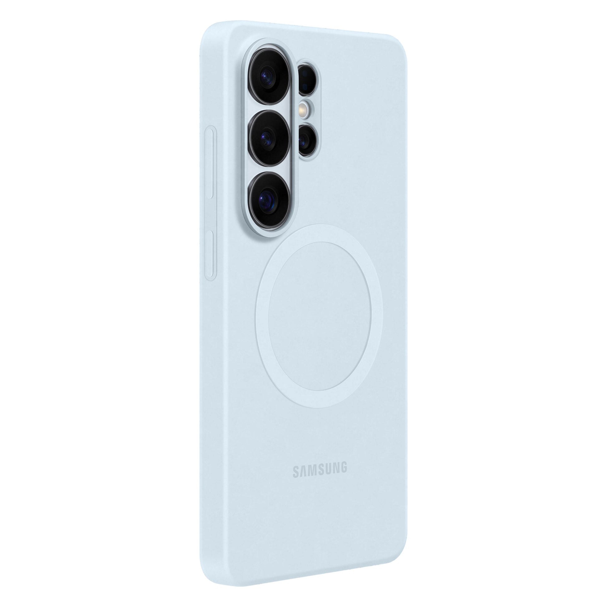 Samsung silikone magnet etui Galaxy S26 Ultra himmelblå med magnetring bagtil til trådløs opladning, tre kameralinser.