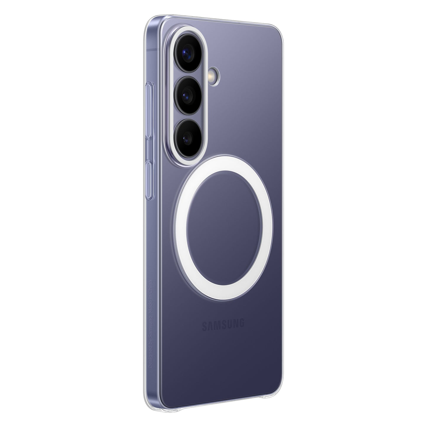 Samsung Galaxy S26 klar magnet etui transparent med hvid cirkel, gennemsigtigt bagcover og udskæring til triple kamera.