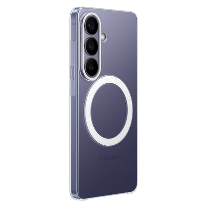 Samsung Galaxy S26 klar magnet etui transparent med hvid cirkel, gennemsigtigt bagcover og udskæring til triple kamera.