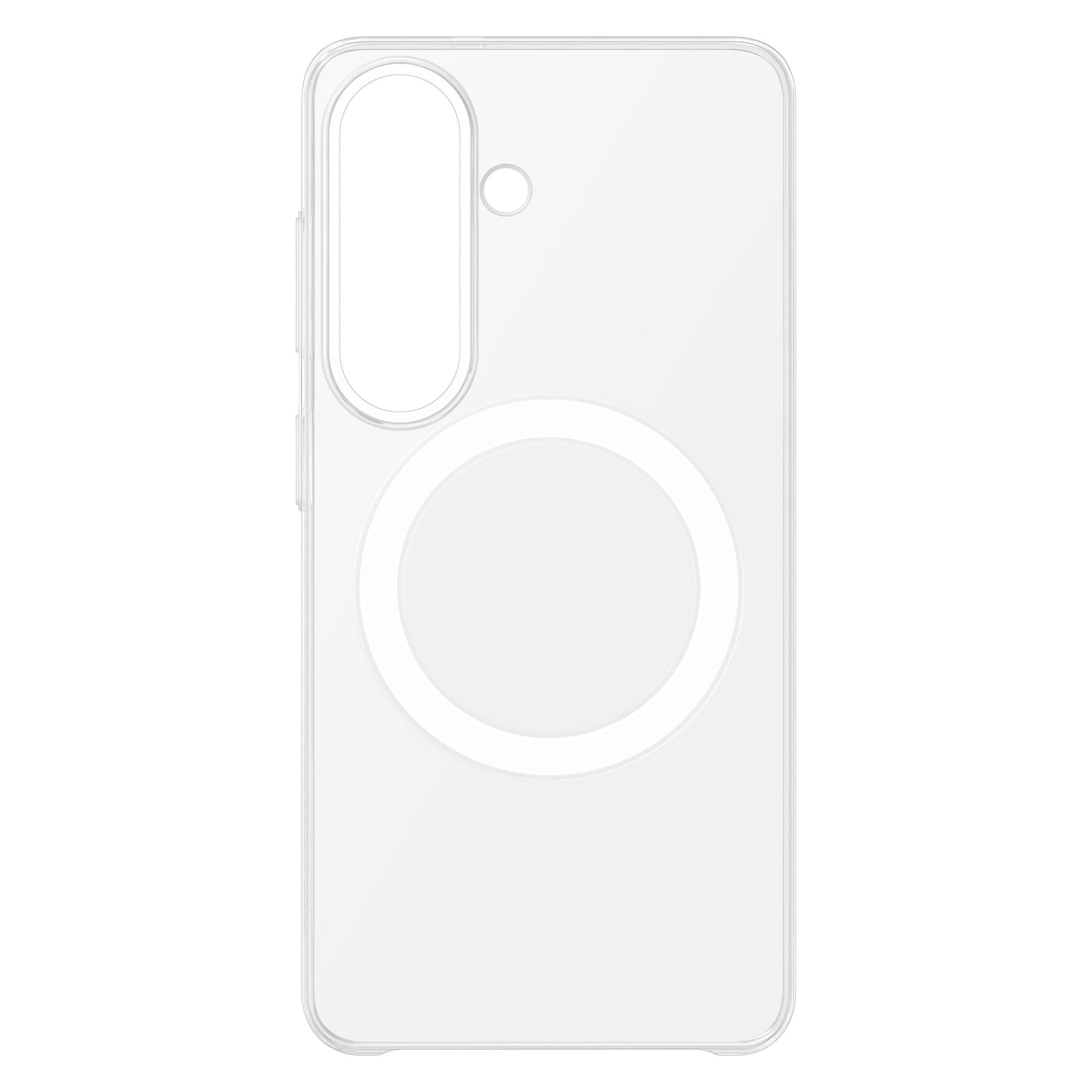 Samsung Galaxy S26 klar magnet etui, transparent med stor hvid cirkel i midten og præcise udskæringer til kamera og knapper.