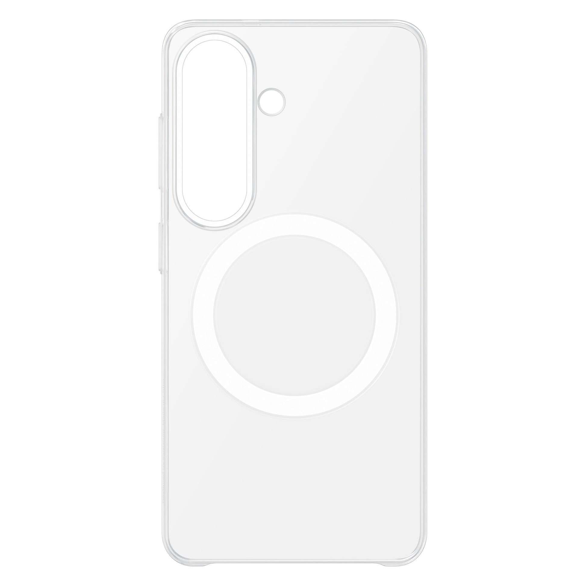 Samsung Galaxy S26 klar magnet etui, transparent med stor hvid cirkel i midten og præcise udskæringer til kamera og knapper.