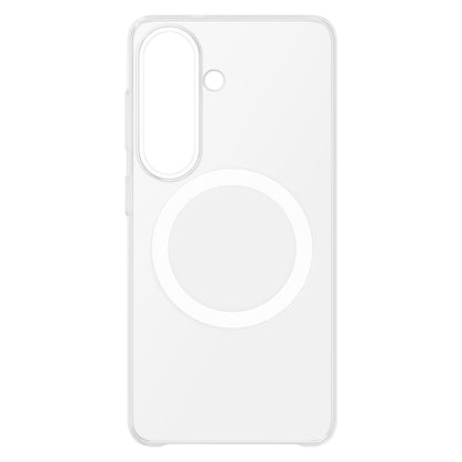 Samsung Galaxy S26 klar magnet etui, transparent med stor hvid cirkel i midten og præcise udskæringer til kamera og knapper.