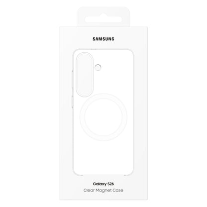 Samsung Galaxy S26 Klar Magnet Etui Transparent i emballage med enkel stregtegning af cover og Samsung-logo øverst.