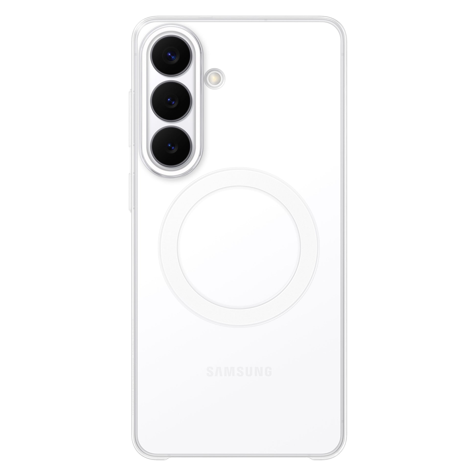 Samsung Galaxy S26+ klar magnetetui transparent, tre lodrette kameraer, LED-blitz og cirkulært mønster på bagsiden.