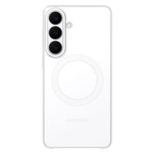 Samsung Galaxy S26+ klar magnetetui transparent, tre lodrette kameraer, LED-blitz og cirkulært mønster på bagsiden.