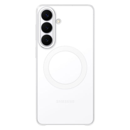 Samsung Galaxy S26+ klar magnetetui transparent, tre lodrette kameraer, LED-blitz og cirkulært mønster på bagsiden.