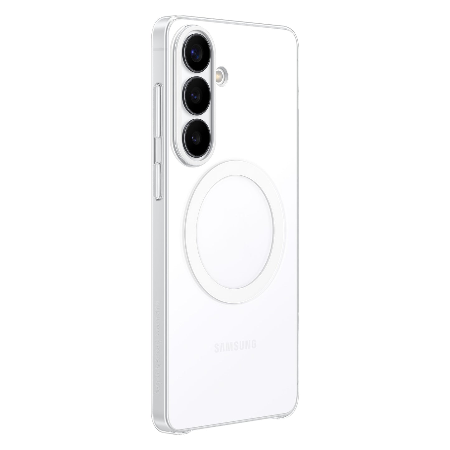 Samsung Galaxy S26+ bagside med tre lodrette kameraer og klar magnetring-etui i gennemsigtigt design.
