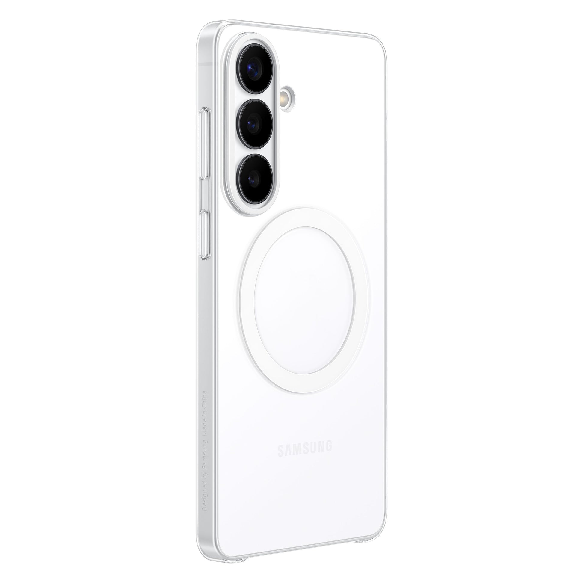 Samsung Galaxy S26+ bagside med tre lodrette kameraer og klar magnetring-etui i gennemsigtigt design.