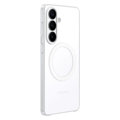 Samsung Galaxy S26+ bagside med tre lodrette kameraer og klar magnetring-etui i gennemsigtigt design.
