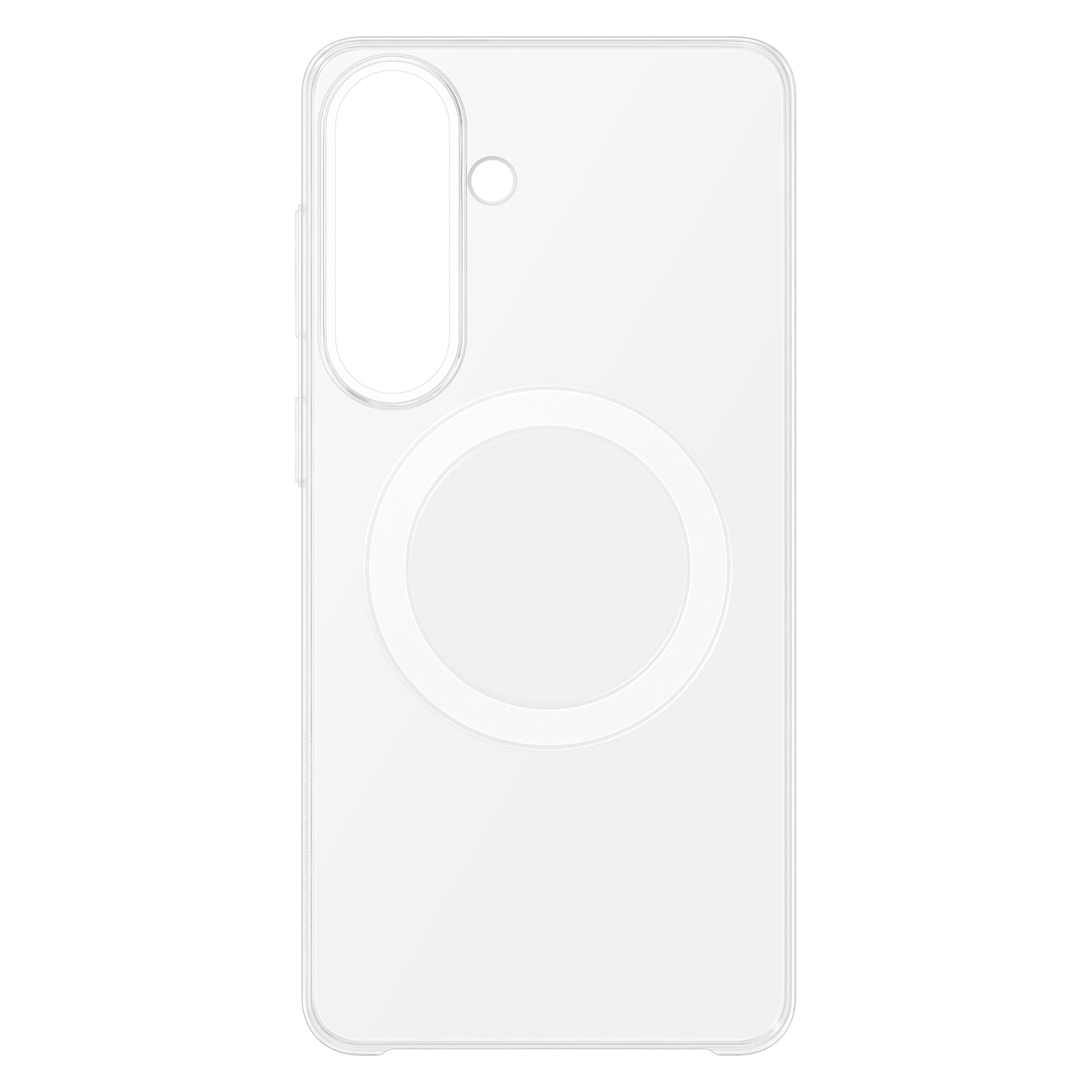 Samsung Galaxy S26+ klart magnetetui transparent med cirkulær MagSafe-kompatibel ring og præcise udskæringer til kamera/knapper.