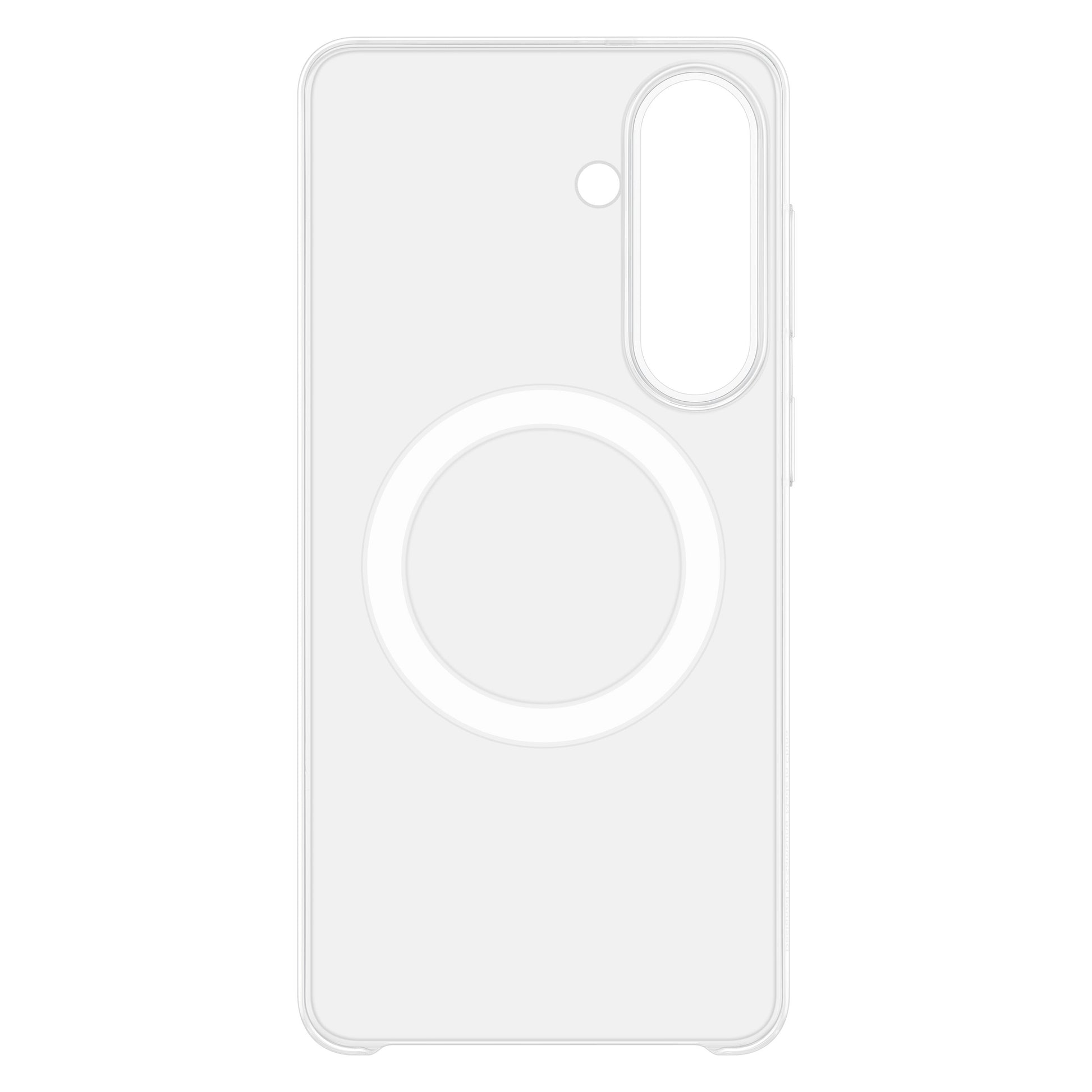 Samsung Galaxy S26+ klar magnetetui transparent med stor cirkulær MagSafe ring præcise udskæringer til kamera og flash.