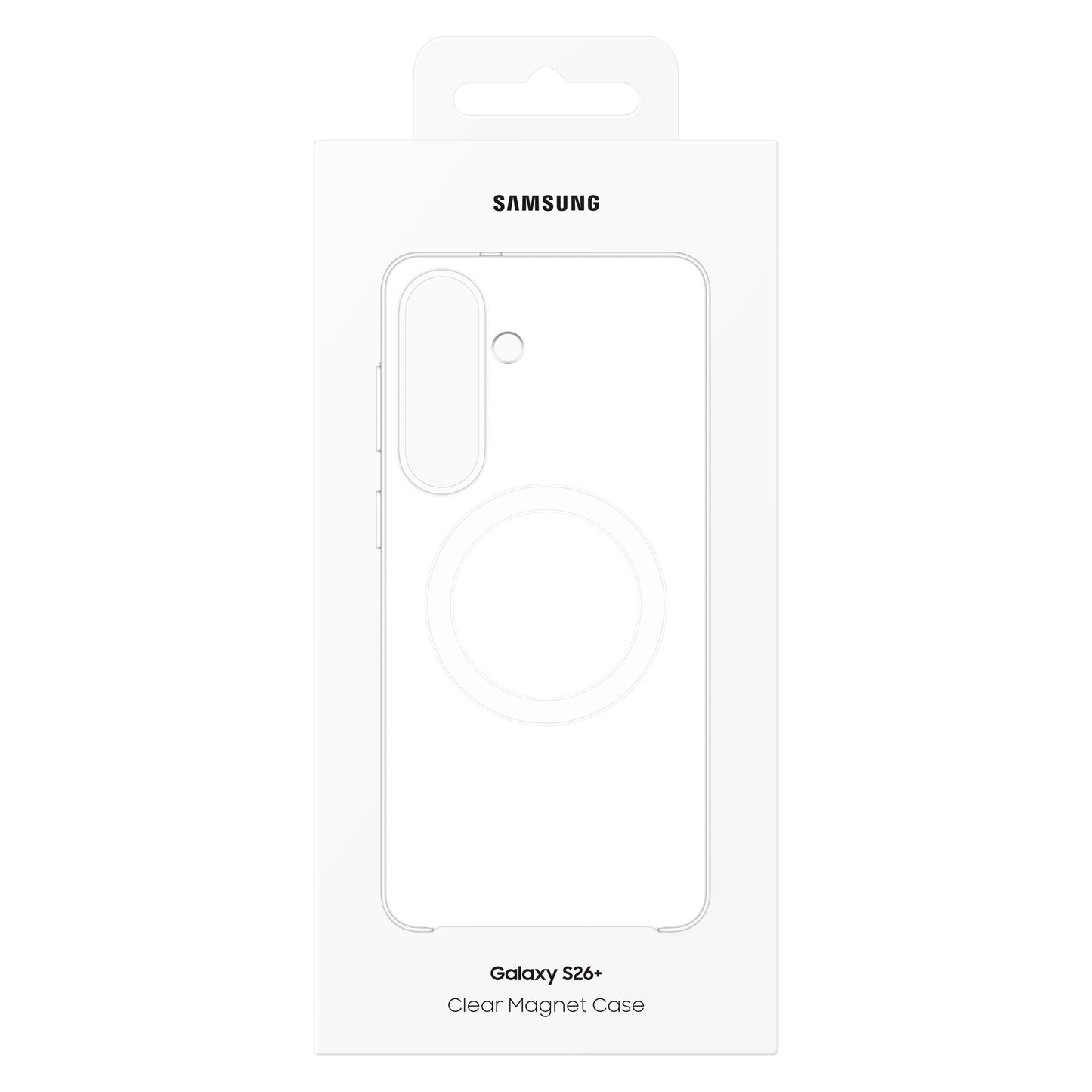 Emballage til Samsung Galaxy S26+ Klar Magnetetui Transparent, med stregtegning af cover og magnetcirkel, Samsung-logo øverst.