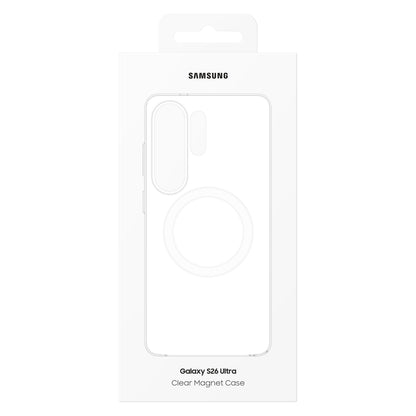 Samsung Galaxy S26 Ultra Klar Magnet Etui Transparent æske med stregtegning af cover og Samsung-logo, sorte produktdetaljer.