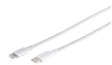 USB-C til Lightning-kabel, hvid, 2 m, opladning og dataoverførsel, synlige USB-C og Lightning-stik i hver ende.