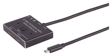 USB-C Switch 3.2 Gen 2 sort, mærkede porte USB-C 1/2, SELECT, upstream, understøtter 8K video og 100W Power Delivery.