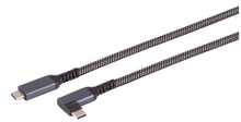 USB-C til USB-C kabel 100W 90° 2m flettet grå, ét lige og ét vinklet stik, sorte bøjningsaflastninger, opladning/data/PD.