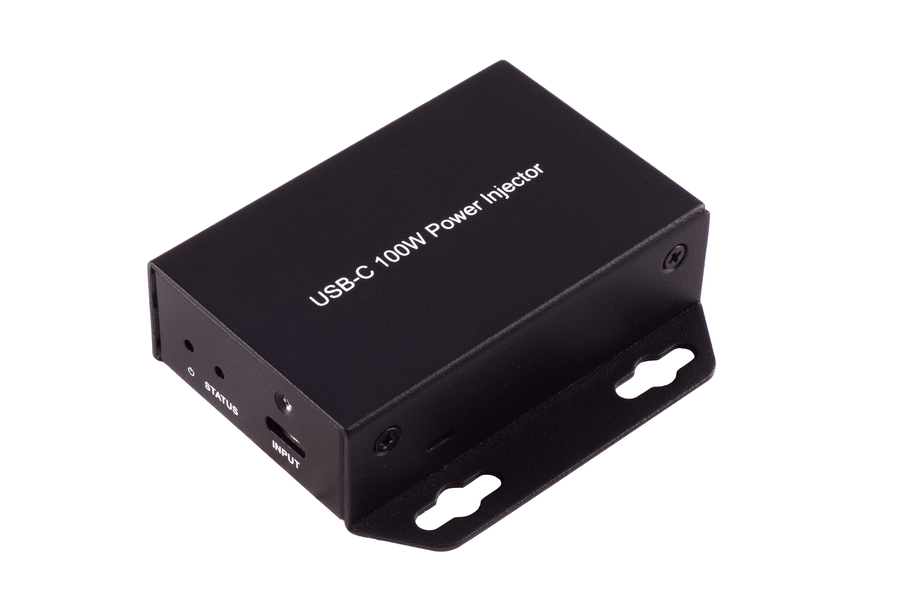 Sort USB-C signalforstærker repeater op til 100W Power Delivery med input/output porte og monteringsflanger på basen.