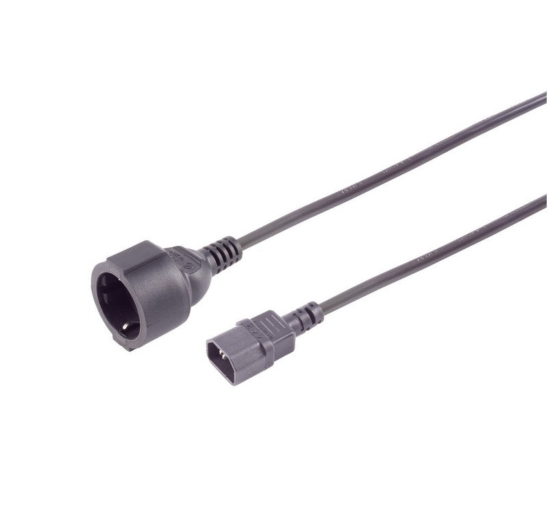 Adapterkabel fra IEC C14 til Schuko (CEE 7/3), 2,0 m, sort, med hun-Schuko-stik og han-IEC C14-stik.