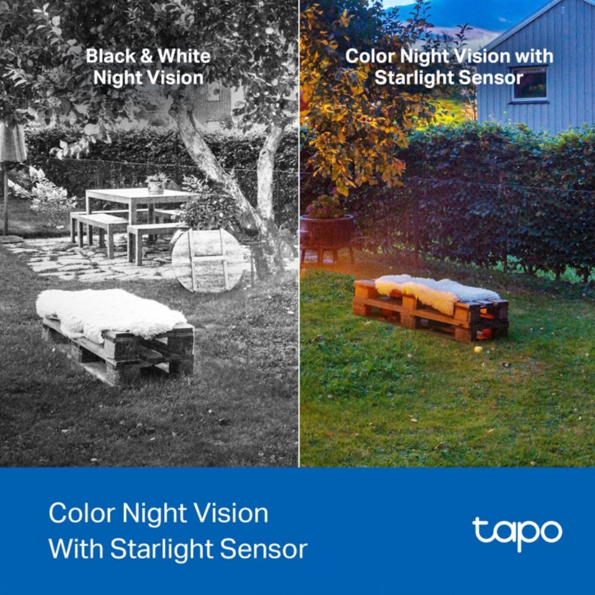 Tapo C425 4 stk viser natoptagelse, venstre sort-hvid, højre farve med starlight sensor, tekst: Farve-natsyn med stjernelys-sensor.