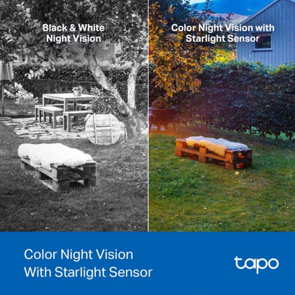 Tapo C425 4 stk viser natoptagelse, venstre sort-hvid, højre farve med starlight sensor, tekst: Farve-natsyn med stjernelys-sensor.