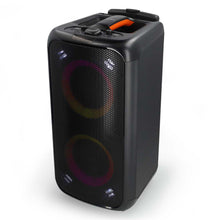 Nedis Bluetooth Party højttaler med karaokefunktion, sort, front lyseffekter, topkontroller, orange bærehåndtag.