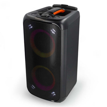 Nedis Bluetooth Party højttaler med karaokefunktion, sort, front lyseffekter, topkontroller, orange bærehåndtag.