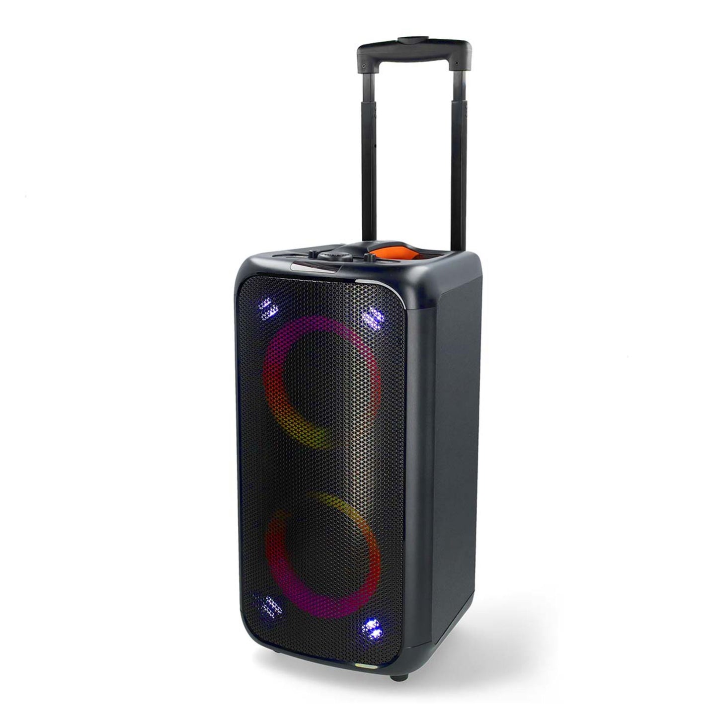 Nedis Bluetooth Party Højttaler med karaokefunktion, sort, teleskophåndtag, hjul, 2 LED-lys på frontgitter, topknapper.