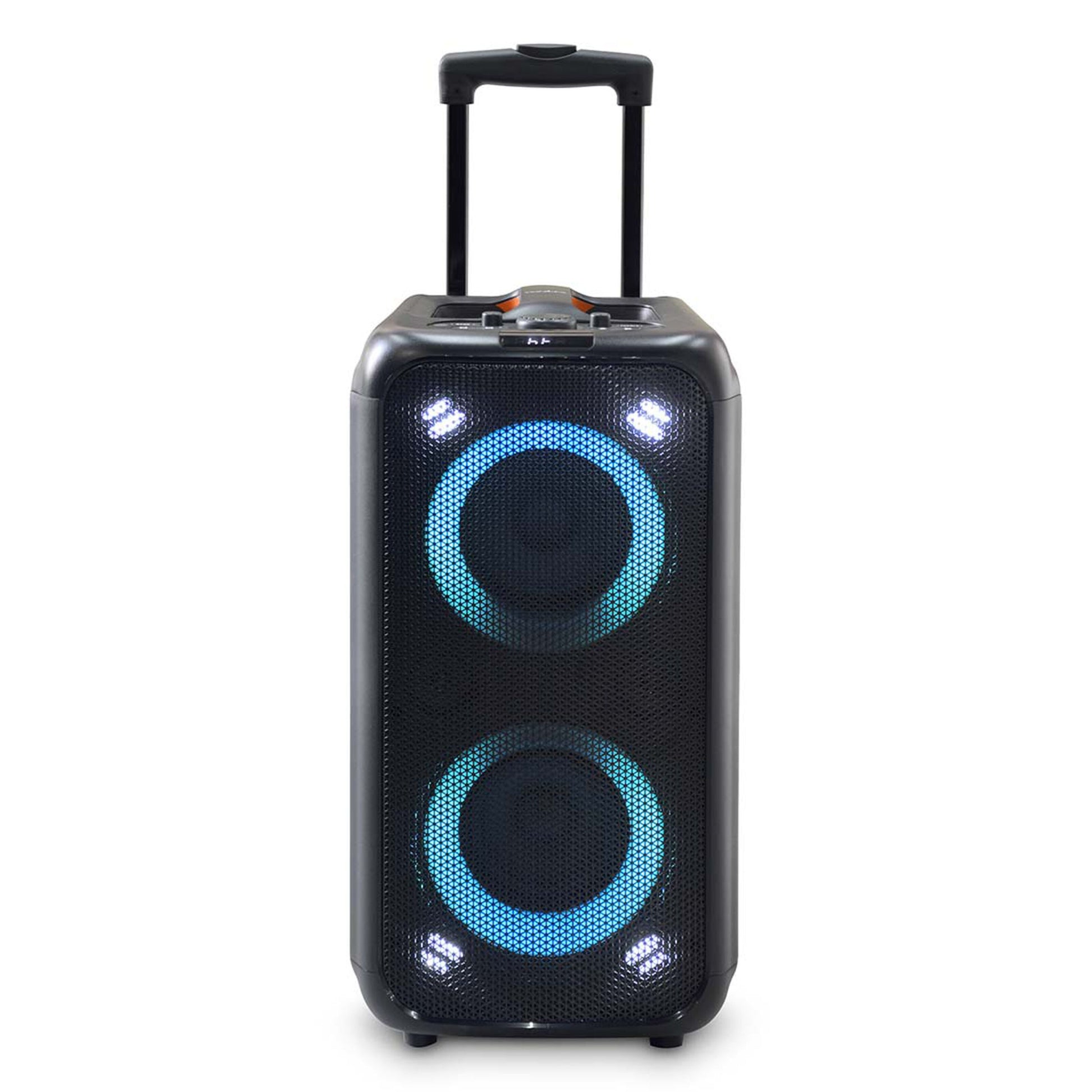Bluetooth Party Højttaler med karaokefunktion, sort, to LED-belyste drivere, front i mesh, udtrækkeligt håndtag.