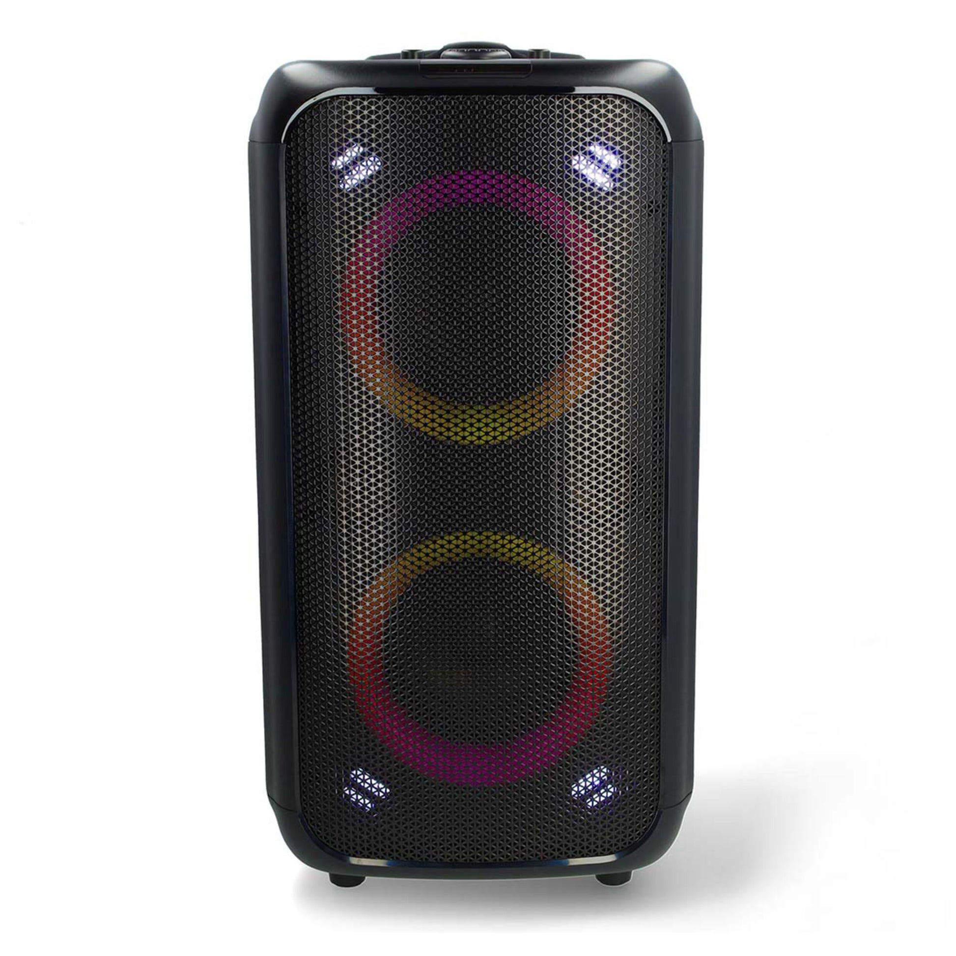 Bluetooth Party Højttaler med karaokefunktion, sort meshfront, to store runde drivere, farvede lyseffekter.