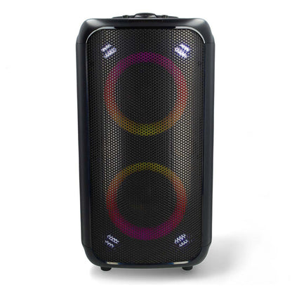 Bluetooth Party Højttaler med karaokefunktion, sort meshfront, to store runde drivere, farvede lyseffekter.