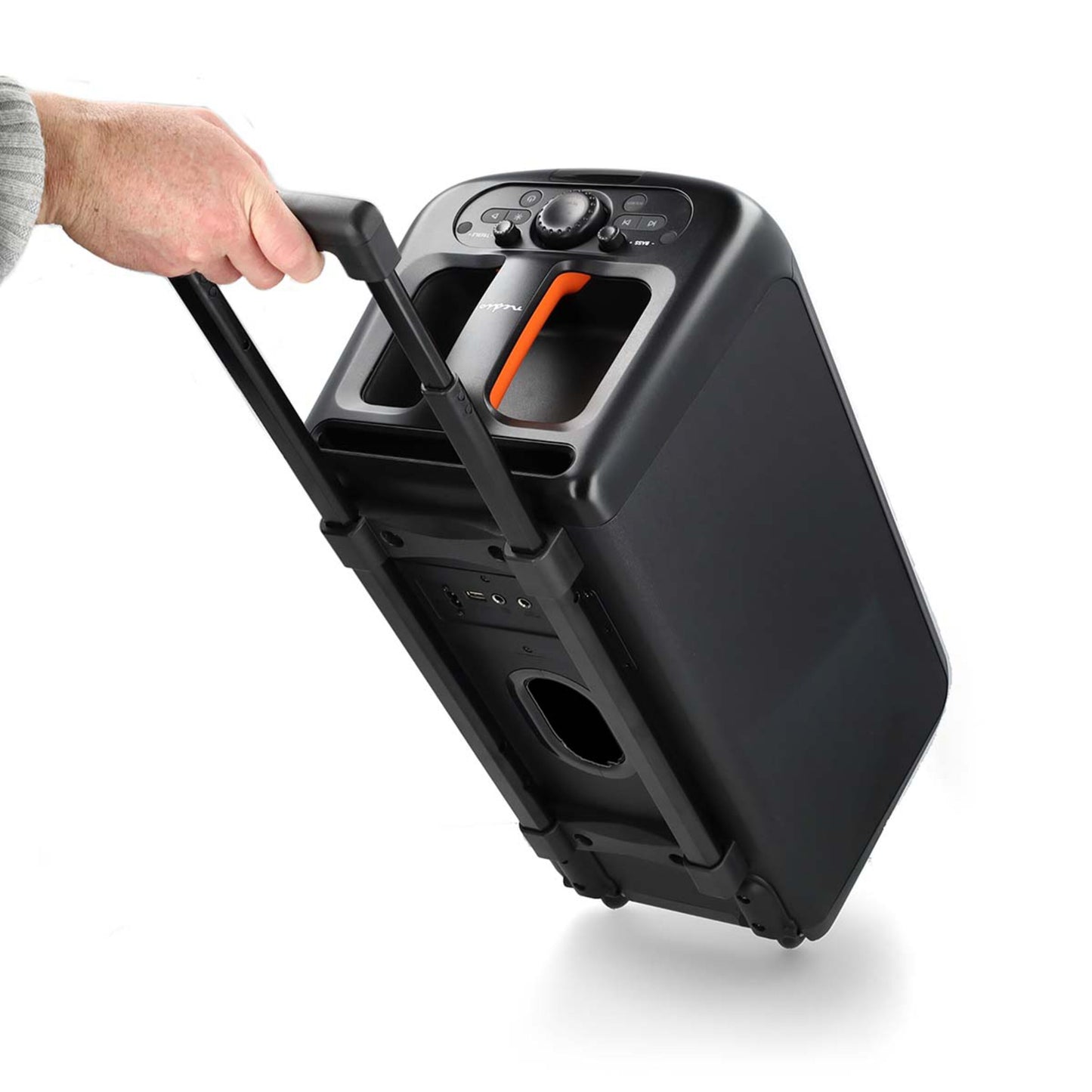 Nedis Bluetooth Party Højttaler med karaokefunktion, sort, stor på hjul, kontroller, orange detaljer og lyseffekter.