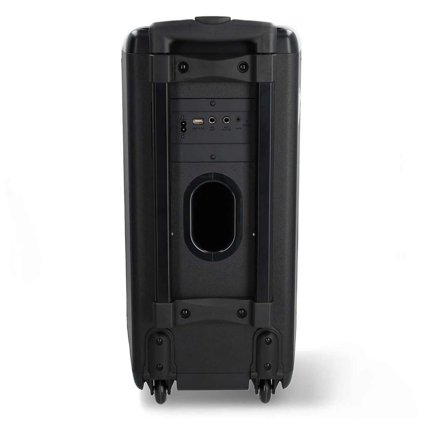 Nedis Bluetooth Party Højttaler med karaokefunktion, sortering, stående, bagporte, I/O stik, håndtag og to hjul.
