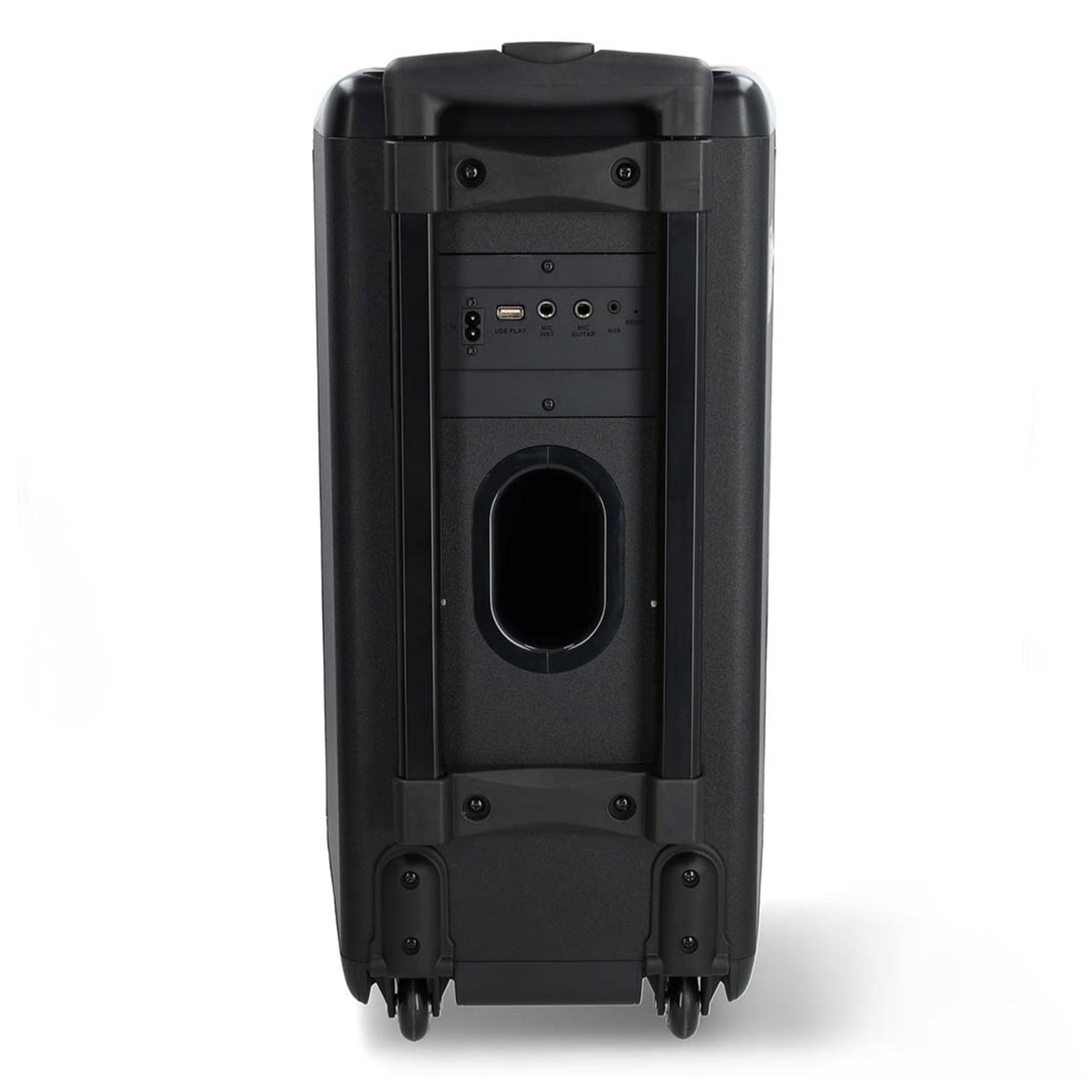 Nedis Bluetooth Party Højttaler med karaokefunktion, sortering, stående, bagporte, I/O stik, håndtag og to hjul.