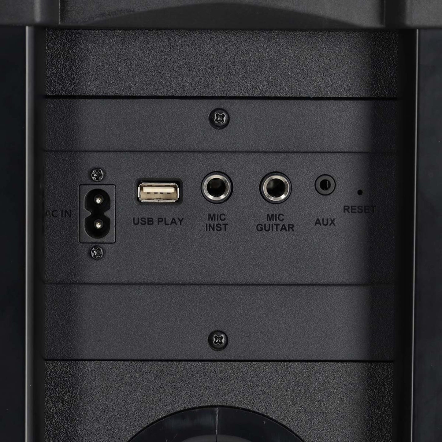 Nedis Bluetooth Party højttaler med karaokefunktion, panel med AC IN, USB PLAY, MIC INST, MIC GUITAR, AUX og RESET porte.