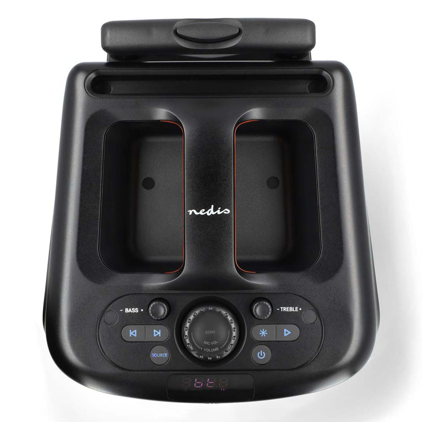 Nedis Bluetooth party højttaler med karaokefunktion, to højttalere, kontrolknapper, drejeknap, display, bas/diskant, lyseffekter.