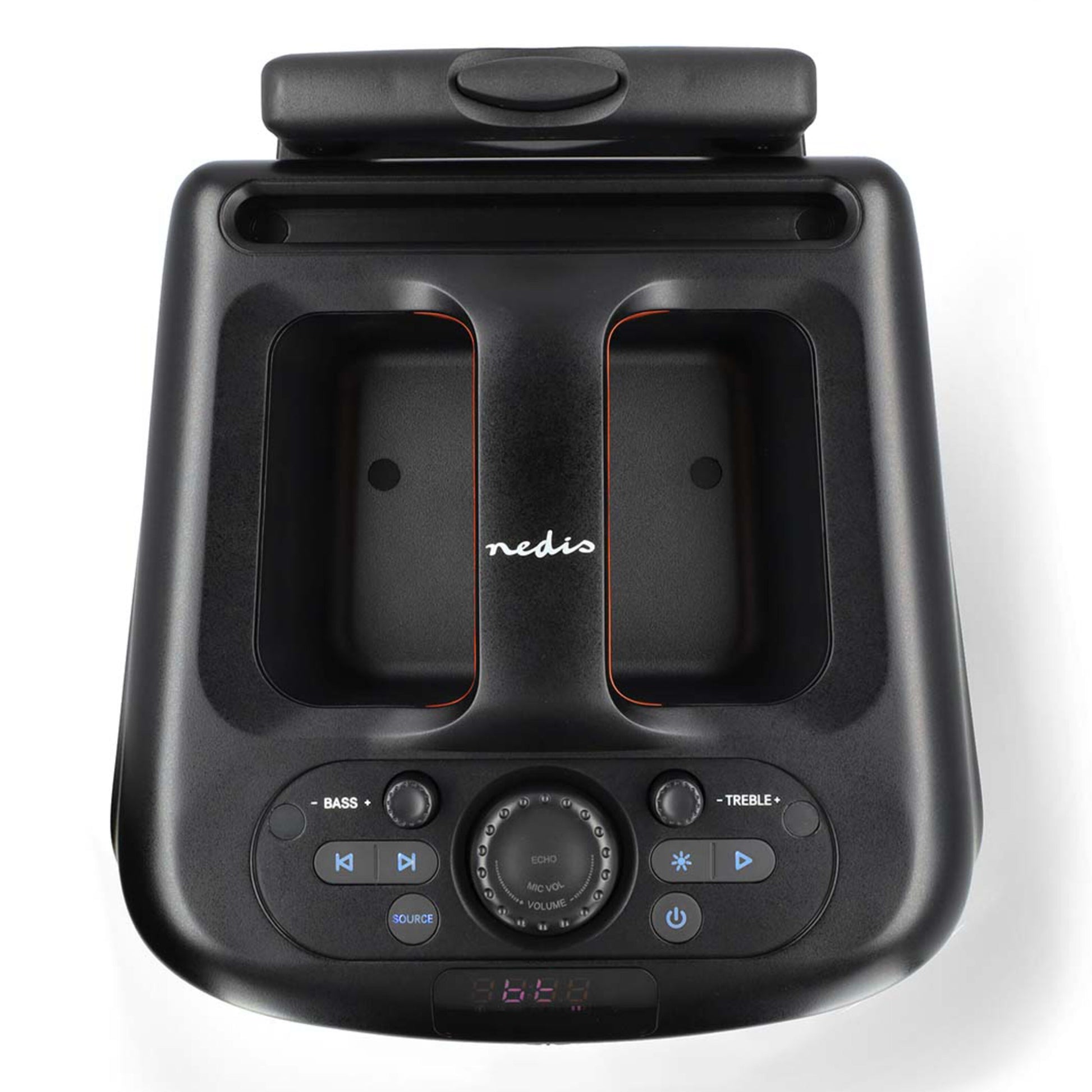Nedis Bluetooth party højttaler med karaokefunktion, to højttalere, kontrolknapper, drejeknap, display, bas/diskant, lyseffekter.